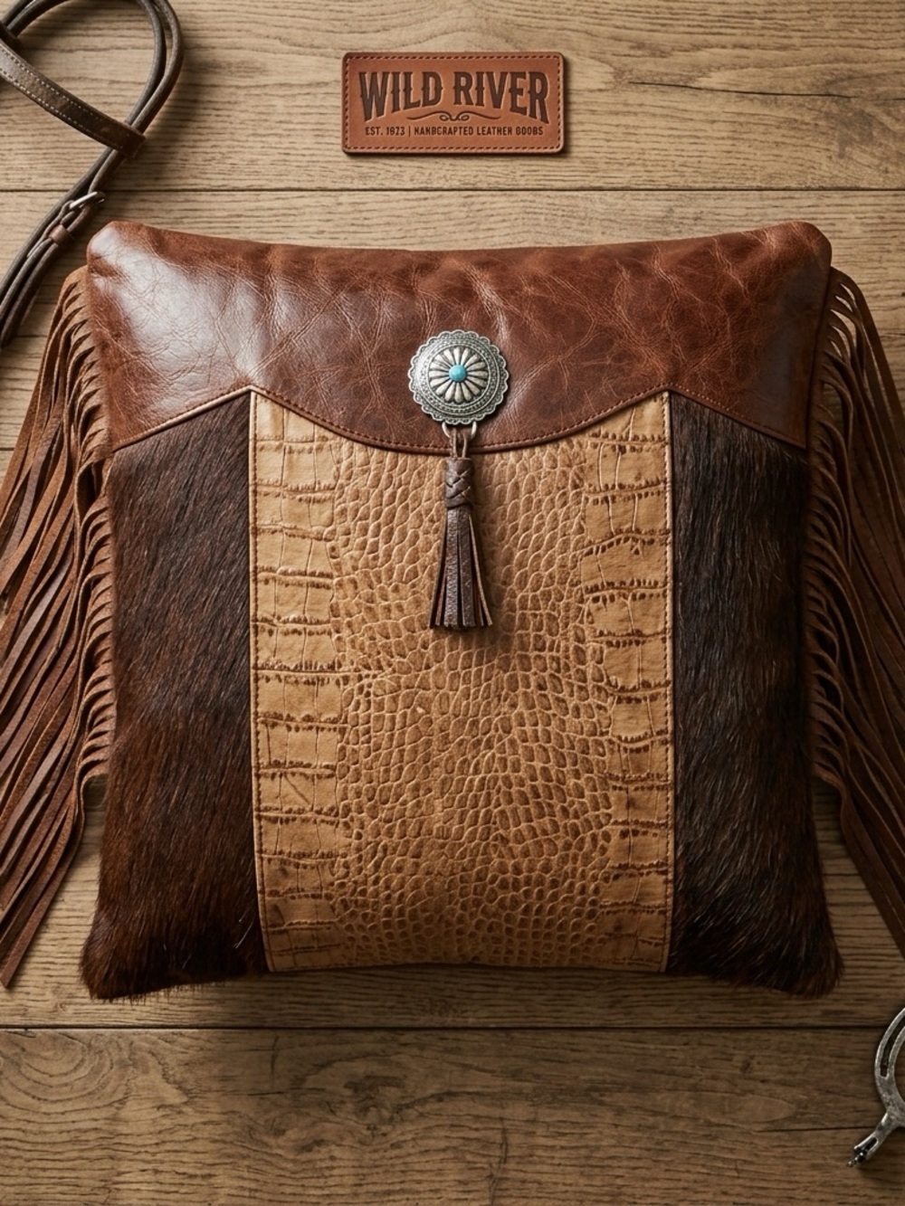 Western (Pair) Cowhide/Crocodile Embossed Leather 15” Throw Pillows w/ Fringe